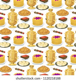 Traditional Russian cuisine seamless pattern background culture dish course food welcome to Russia gourmet national meal vector illustration