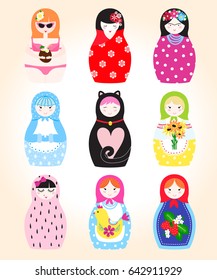 Traditional Russian doll Matreshka toy nesting vector illustration with human puppet gift girl cute face