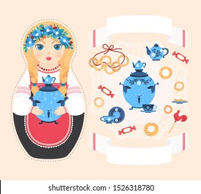 Traditional Russian doll Matryoshka in an apron, with a samovar