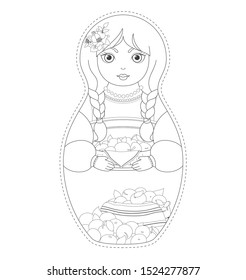 Traditional Russian doll Matryoshka with a basket of apples. Harvest Festival. Hospitable Russian doll. Vector illustration in cartoon style. Coloring page.