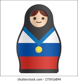 Traditional Russian Doll Matryoshka with russian flag and gold medal