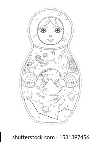 Traditional Russian doll Matryoshka in the form of an astronaut. Vector illustration in cartoon style. Coloring page.