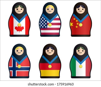 Traditional Russian Doll Matryoshka with national flags and gold medal