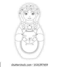 Traditional Russian doll Matryoshka with a samovar. Hospitable Russian doll. Vector illustration in cartoon style. Coloring page.