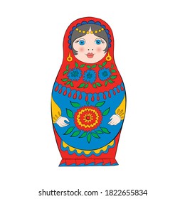 Traditional Russian doll, matryoshka doll in the scarf. Vector image, for background, design, illustration.