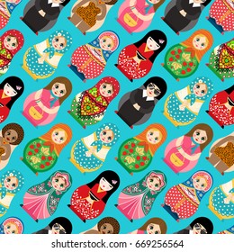 Traditional Russian doll Matryoshka toy nesting vector illustration with human girl cute face seamless pattern background