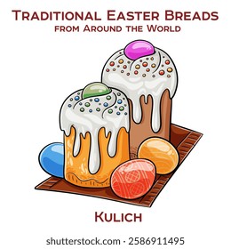 Traditional Russian Easter bread, a tall, cylindrical sweet yeast-leavened loaf topped with white icing and colorful sprinkles, similar to Italian panettone.