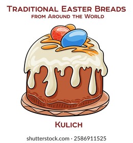 Traditional Russian Easter bread, a tall, cylindrical sweet yeast-leavened loaf topped with white icing and colorful sprinkles, similar to Italian panettone.