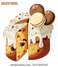 Bolo russo tradicional Kulich Páscoa decorado com gelo, macaroons e polvilhos coloridos, fatia puxada para fora mostrando textura