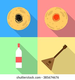 Traditional russian food and drink for Maslenitsa. Flat vector icons with pancakes and caviar, vodka and balalaika.