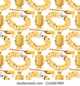 Traditional Russian gold samovar culture dish course drink welcome to Russia gourmet national meal vector illustration