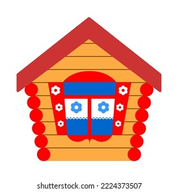 Traditional Russian hut, old wooden house. Cute cottage, old and cozy small house. Window with shutters and lace curtains