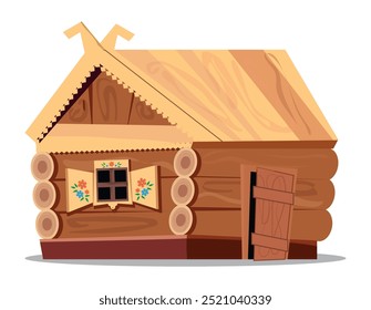 Traditional Russian hut, old wooden house, window with shutters. vector illustration with white background.