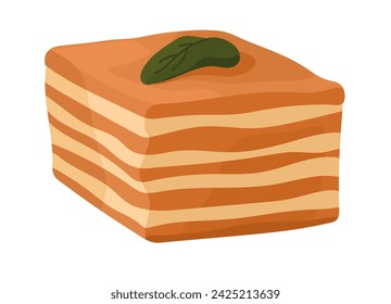 Traditional Russian layer cake, medovik. Homemade biscuit dessert with cream. Baked honey pastry, bakery. Piece of tasty food decorated with leaf. Flat isolated vector illustration on white background