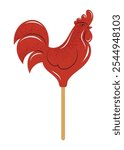 Traditional Russian lollipop candy in a shape of a rooster. Slavic candy on a stick. Hand drawn vector illustration