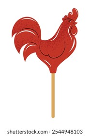 Traditional Russian lollipop candy in a shape of a rooster. Slavic candy on a stick. Hand drawn vector illustration