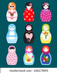 Traditional russian matryoshka toy nesting doll vector illustration.