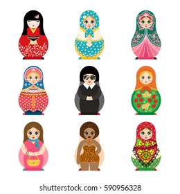 Traditional russian matryoshka toy set with handmade ornament figure pattern with child face and babushka woman souvenir painted doll vector illustration.