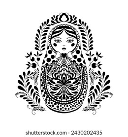 Traditional Russian nesting doll. Matryoshka Painted with floral patterns. Suitable doll for a coloring book, drawn in a linear style.Vector illustration.