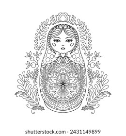 Muñeca rusa tradicional que anida. Matryoshka Pintado con motivos florales. Muñeca adecuada para un libro para colorear, dibujado en un estilo lineal.Ilustración vectorial.