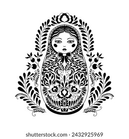 Muñeca rusa tradicional que anida. Matryoshka Pintado con motivos florales. Muñeca adecuada para un libro para colorear, dibujado en un estilo lineal.Ilustración vectorial.