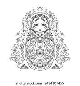 Muñeca rusa tradicional que anida. Matryoshka Pintado con motivos florales. Muñeca adecuada para un libro para colorear, dibujado en un estilo lineal.Ilustración vectorial.