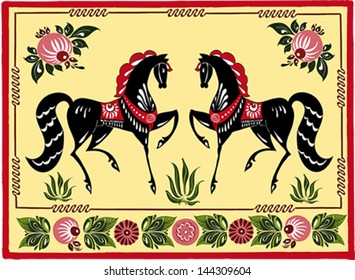 traditional Russian ornament with two black horses and flowers in Gorodetsky style. Vector, illustration