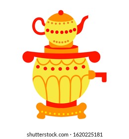 Traditional Russian samovar with teapot icon in flat style isolated on white background.Vector illustration for banner, greeting card, poster. Maslenitsa, carnival, Mardi Gras, Shrovetide.