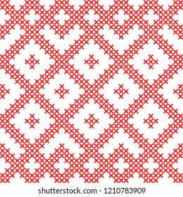 Traditional Russian and slavic ornament embroidered cross-stitch, seamless pattern.