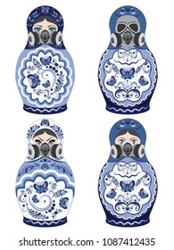 Traditional Russian souvenir matryoshka dolls decorated with folk ornaments in respirator or gas mask.