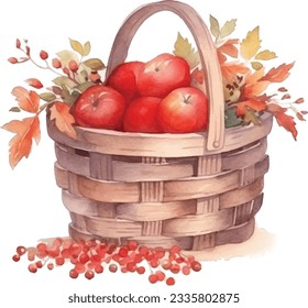 Traditional rustic basket for picnic watercolor style