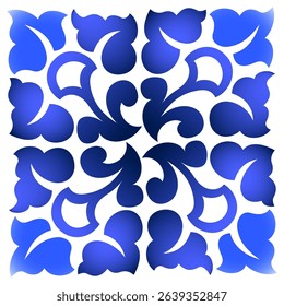 Traditional rustic style design element. Monochrome blue floral ornament. Blue curved flowers and leaves on white background. Vintage square mosaic tile