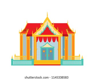 Traditional rustic Thai Temple of Phra Prang in Bangkok. Religious luxury building, Thailand house, concept of welfare and health of inhabitants of house. Vector illustration isolated.