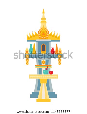 Traditional rustic Thainald house of spirits of the Thai of San Phra Phum. Religious luxury thai building, house, concept of welfare and health of inhabitants of house. Vector illustration isolated. Stock photo © 