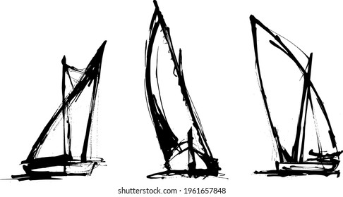 Traditional sailing boat, felucca, latin sail. Vector illustration.