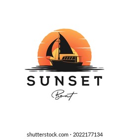 traditional sailing yacht, boat, ship and exotic sunset scene silhouette logo design vector