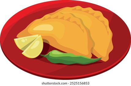 Traditional samosas on plate. Indian snack food icon