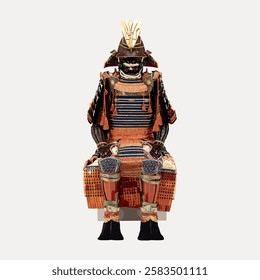 Traditional samurai armor with intricate details, featuring a helmet and chest plate. The samurai armor showcases Japanese craftsmanship and historical design. Vintage Japanese illustration vector.