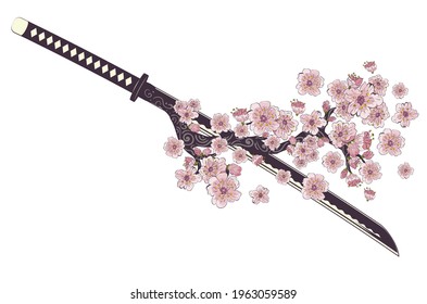 Traditional samurai weapon, Japanese katana sword with sakura retro design.