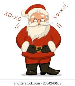 The traditional Santa Claus laughs ho-ho , holding his stomach.