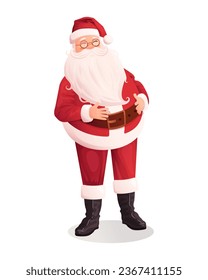 Traditional Santa Claus vector illustration in cartoon style. Christmas vector illustration. Smilling Santa Claus character holding hands on his tummy.