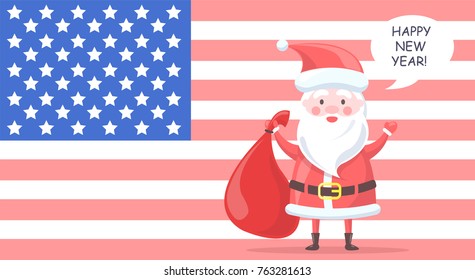 Traditional Santa Clause character holds big bag with gifts and wishes happy New Year on background with USA flag cartoon vector illustration.