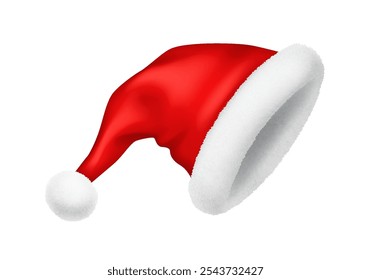 Traditional Santa headwear with soft fur realistic vector illustration object. Christmas holidays season attribute 3d model on white background