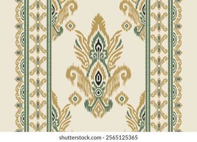 Traditional sari and shawl with ikat floral embroidery, ethnic oriental design, seamless fabric pattern with abstract textures for clothing, wrapping, and decoration.
