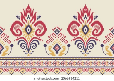 Traditional sari and shawl with ikat floral embroidery, ethnic oriental design, seamless fabric pattern with abstract textures for clothing, wrapping, and decoration.