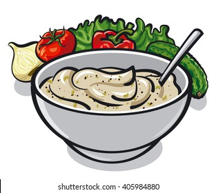 traditional sauce tartar in bowl, cream sauce with spices, vegetables, condiments and lettuce