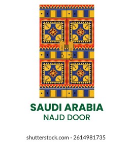 Traditional Saudi Arabia Najd Door Vector with Vibrant Geometric Folk Patterns

