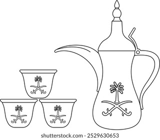 Traditional Saudi Arabian Dallah Coffee Pot with Cups Outline Illustration