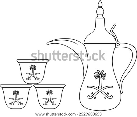 Traditional Saudi Arabian Dallah Coffee Pot with Cups Outline Illustration