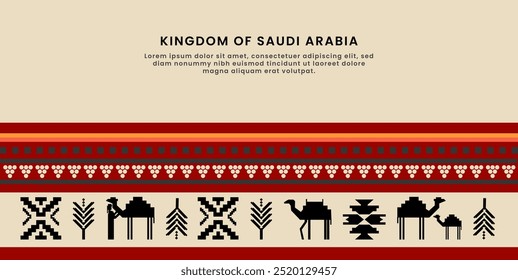 Traditional Saudi Arabian Pattern Design - Vector Banner with Cultural Symbols and Camel Motifs